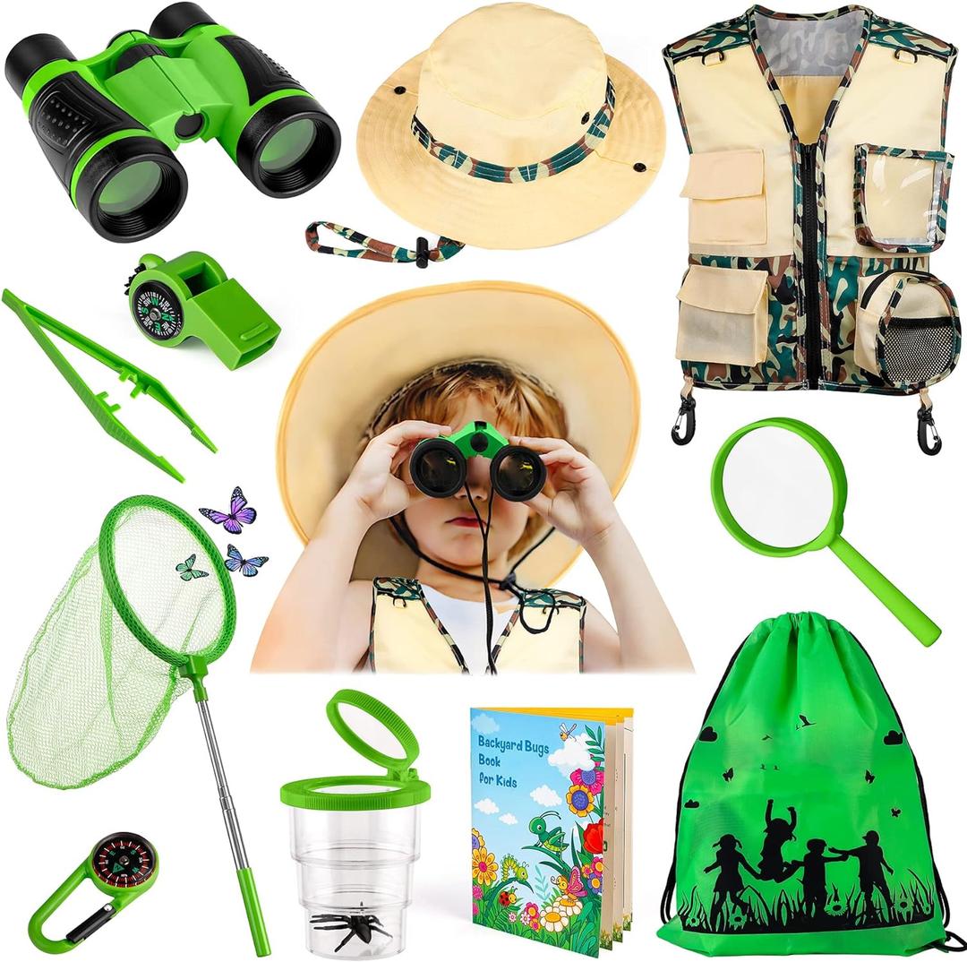 INNOCHEER Kids Explorer Kit & Bug Catcher Kit & Safari Costume Kit, Outdoor Exploration Set with Hat, Vest, Butterfly Net and Bugs Book for Boys Girls 3-12 Years Old (Camouflage Green)