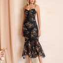 KUTUMAI Women Bodycon Long Formal Dress Asymmetric Hem Lace Neck Wedding Guest Cocktail Maxi Dresses BlackFloral L (L)