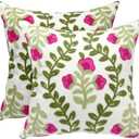 Alysheer Summer Decorative Throw Pillow Covers 18"x 18" Set of 2, Floral Embroidered Farmhouse Hot Pink Flowers Green Vine Patterned Cotton Canvas Cushion Case for Sofa Couch Bed Living Room Decor