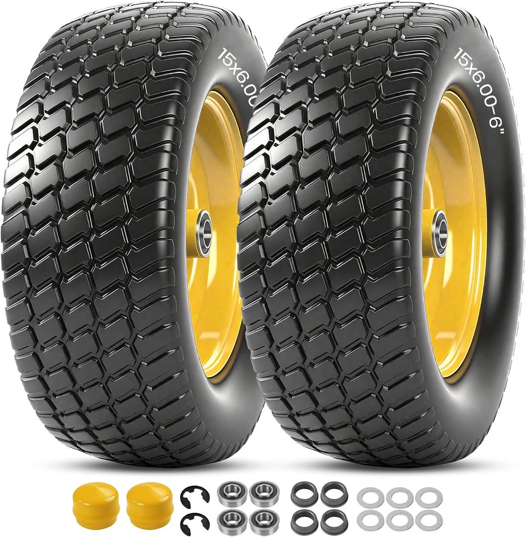 AR-PRO (2 Pack) 15x6.00-6 Flat Free Tire and Wheel, Solid Lawn Mower Front Tires with 3" Centered Hub, 3/4" & 5/8" Bearings & 1" Bushings, Compatible with John Deere Riding Mower Lawn Tractor (Yellow)