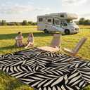 Smiry Outdoor Rug 9x12 ft, Waterproof Reversible Plastic Straw Rugs, Outdoor Area Rug with Leaf Pattern, Outside Floor Mat for Patio, Backyard, Deck, Picnic, Beach, Camping, Black & Beige