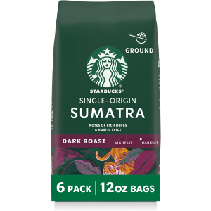 Starbucks Ground Coffee, Dark Roast Hot or Iced Coffee, Single-Origin Sumatra, Six 12 oz Bags​ Exp. 06/26/2026