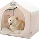 Jiupety Indoor Dog House with Frame, Cute Dog Tent Bed with Cover Cave, Breathable, Washable, and Foldable House, Suitable for 20-40 Lb, Large (25"×25"×25"), Beige