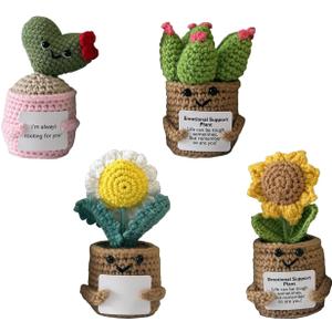 2 x Okra 4PCS Handmade Crochet Plants Set - Cactus & Sunflower, Emotional Support Crochet Doll | Small Gifts for Girlfriend, Women, Boyfriend, Husband & Friends, Positive Crochet Gifts for Her & Him