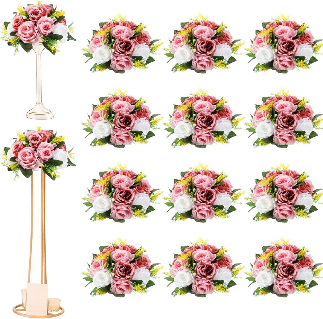 Hotop 12 Pcs Flower Balls Wedding Rose Centerpieces Silk Flower Kissing Balls Arrangement Artificial Hydrangea Florals Bouquet Faux Rose Floral Decoration (Dusty Pink, Pink, White)
