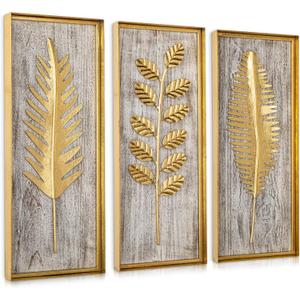 Villa Como Gold Metal Wall Art with Wooden Base, Metal Frame Gold Wall Decor with Botanical Leaves, Farmhouse Golden Wall Decor for Home Office Bedroom Bathroom, Golden Hanging Wall Accent Dcor 3Pcs