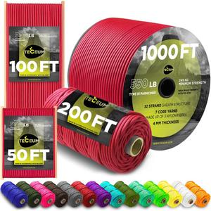 TECEUM 5/32" Paracord Rope 1000  1000ft / 200ft / 100ft / 50ft  Tactical Parachute Cord 4mm  45+ Colors  Nylon String for Survival & Camping Gear  Stripe Cord for Survival  Utility Rope (Crimson)