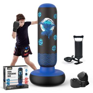 Inflatable Punching Bag for Kids, Tall Larger 66 Inch Stable Boxing Bag for Teens, Ninja Shuriken Toy Gifts for Boys Girls, Boxing Set with Gloves and Pump for Practicing Karate Taekwondo (Navy Blue)