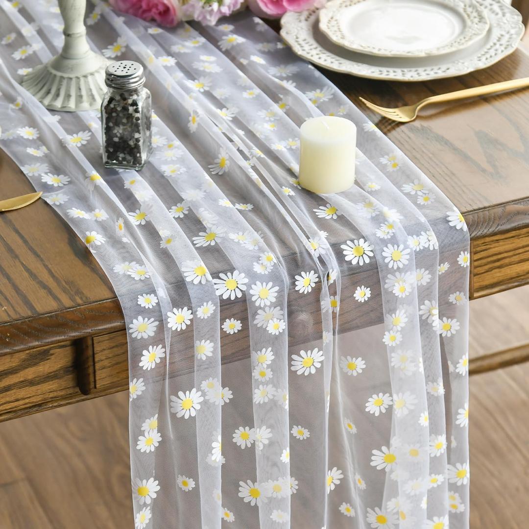 Artoid Mode White Daisy Gauze Table Runner 120 Inch 10FT, Seasonal Sheer Dining Wedding Holiday Birthday Table Decor for Home Party (28" x 120")