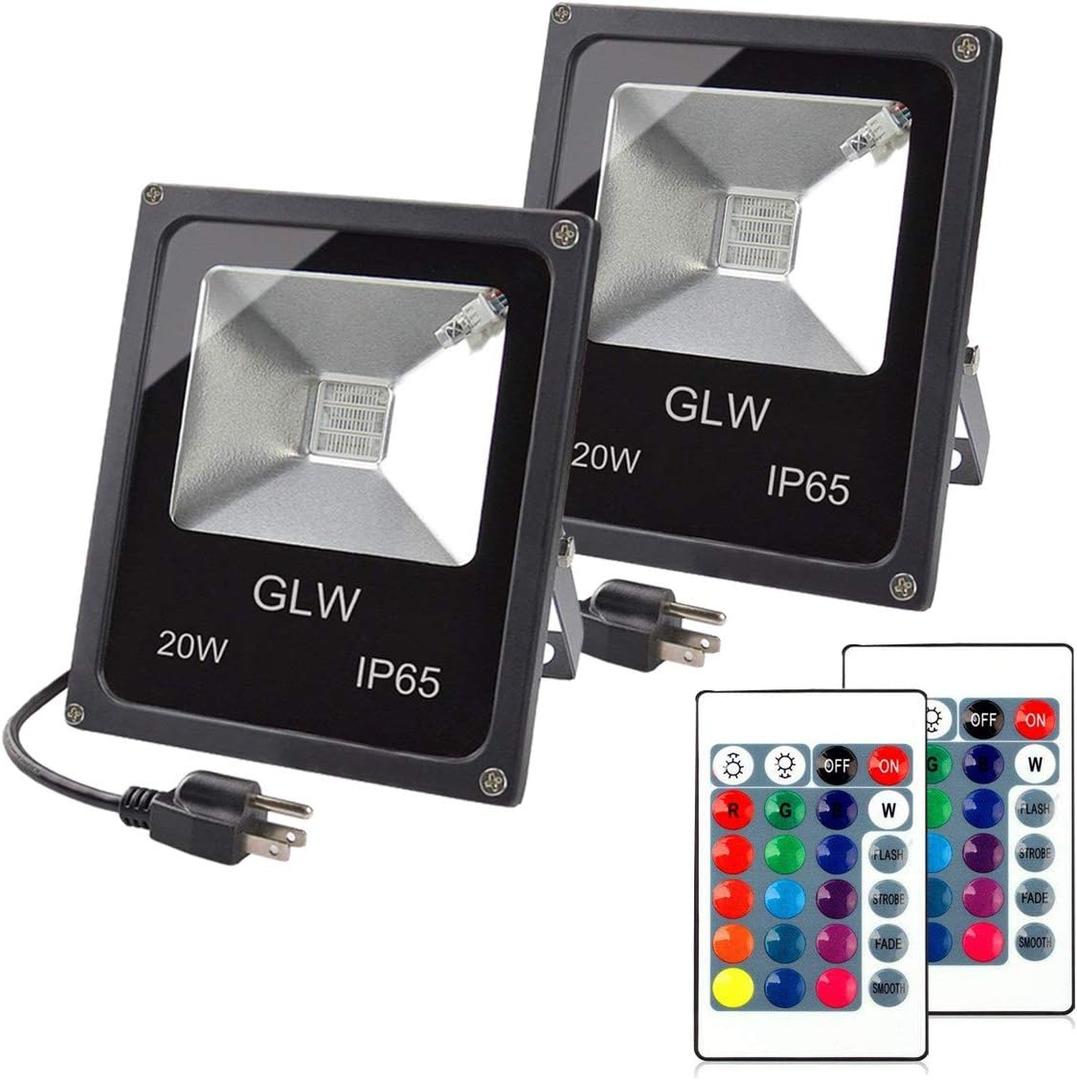 20W RGB LED Flood Lights Color Changing Floodlight with Remote Control Waterproof Outdoor Landscape Lighting,16 Colors 4 Mode Dimmable Wall Washer Light for Garden, Yard (2 Pack)