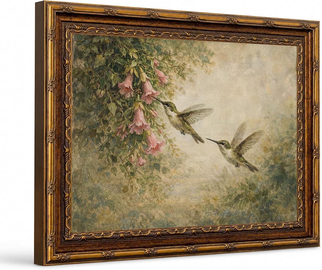 Vintage Hummingbird Wall Art, Ornate Gold Framed Floral Garden Print,, 16"L x 24"W