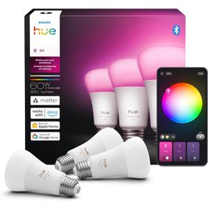 Philips Hue Smart LED A19 Bulb, 3 Pack, White & Color Ambiance, E26 Base, 7.2W, Full Spectrum Light 1000K-20000K, 810 Lumens, Dimmable LED Bulbs, Works with Alexa, Google & Apple Home