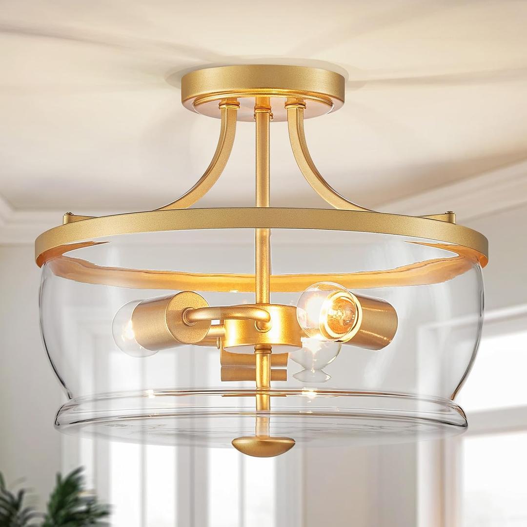 Semi-Flush Chandelier Glass Drum Shade Round Ceiling Light, 13.8 inches