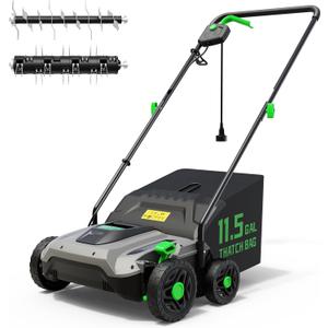 TIECTOWN 14-Inch 13.5 Amp 2-in-1 Electric Dethatcher and Scarifier with 11.5-Gallon Collection Bag, Lawn Dethatcher with 5-Position Depth Adjustment, Blade Replacement Without Tool - Green