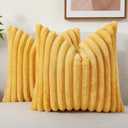 decorUhome Faux Fur Throw Pillow Covers 18x18 Set of 2, Decorative Soft Plush Striped Neutral Couch Pillow Covers with Velvet Back for Sofa, Bed, Living Room Home Decor, Mustard Yellow