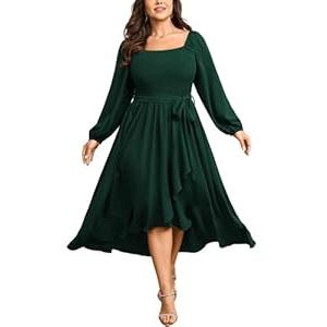 SCOMCHIC Women Plus Size Maxi Dress Fall Long Sleeve Wedding Guest Smocked High Low Ruffle Cocktail Dress with Belted Emerald Green, X-Large Plus