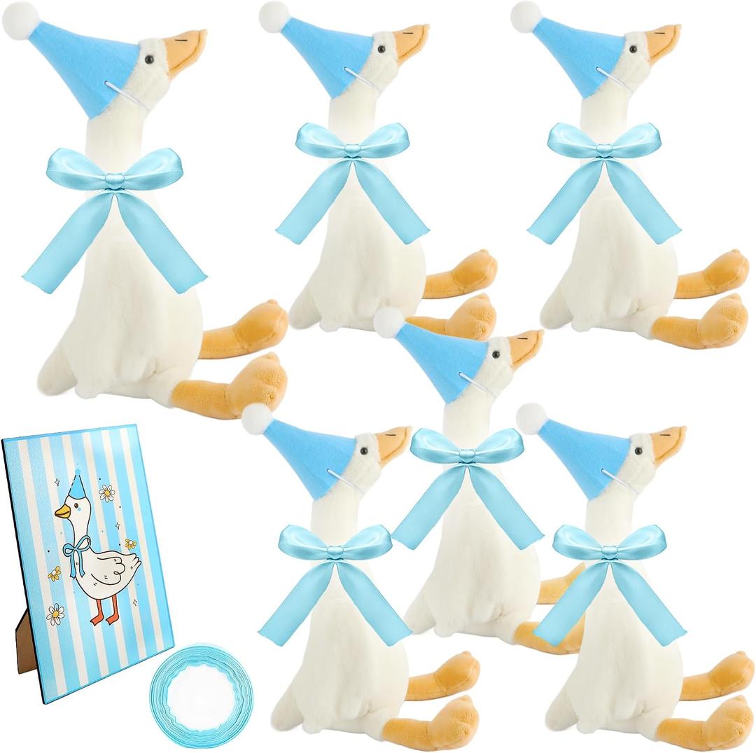 14 Pcs One Silly Goose 1st Birthday Decoration 6 Pcs 12 Inch Soft Goose Stuffed Animal 6 Pcs Birthday Hat with Wood Table Decor and 1 Roll Rope for Adopt a Animal Party Favors Gifts (Color Set 2)