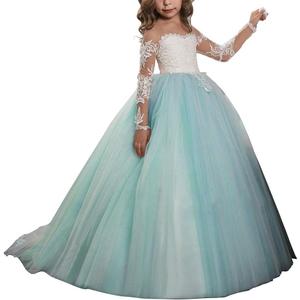 Abaowedding Lace Embroidery Sheer Long Sleeves Kids Trailing Gowns (10, Aqua)