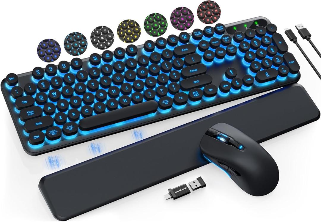 Wireless Keyboard and Mouse Backlit - Typewriter Keyboard with Detachable Wrist Rest, Retro Round Keycaps, Light Up Letters, 2.4G Cordless Combo for Mac, Windows, PC, Laptop, Trueque [2024 Upgraded] (Black)