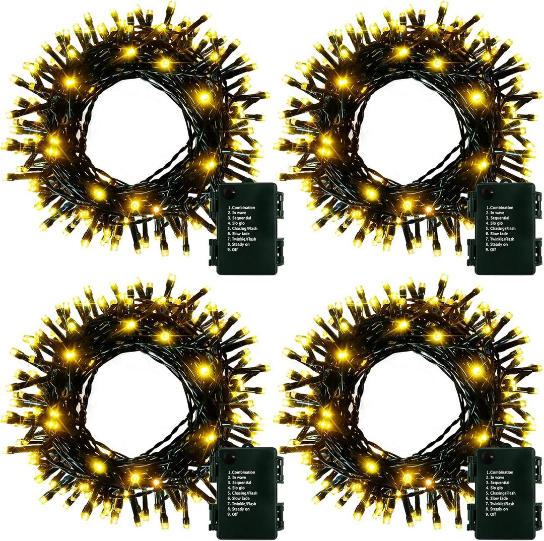 4 Pack Battery Operated Outdoor Tree String Lights with 50 Warm White LEDs on 16.5ft/5m of Dark Green Cable,Outdoor Battery Xmas Wreath Lights with Timer for Christmas Yard Holiday Decoration