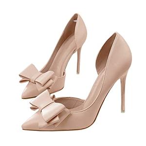 Womens Bow Heels Closed Pointed Toe Dress Shoes Stiletto Slip on Wedding Pumps Nude 8½