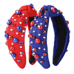 2 Pack Patriotic Headbands for Women  Red & Blue Knot Wide Hair Bands with Pearls & Rhinestones, Festival Sparkle Padded Headwrap for 4th of July, Parties & Prezzie