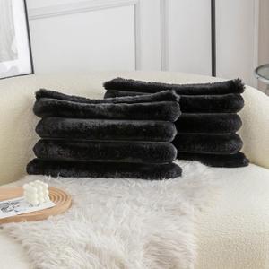Neelvin Black Faux Fur Cozy Soft Striped Decorative Throw Pillow Covers 12x20 inch Set of 2,Velvet Pillowcase Cushion Case for Sofa Couch