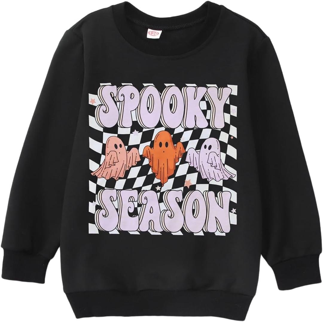 MODNTOGA Kids Boy Girl Crewneck Sweatshirt Ghost Graphic Spooky Season Letter Print Halloween Shirt Long Sleeve Pullover Tops (11-12 Years, Black)
