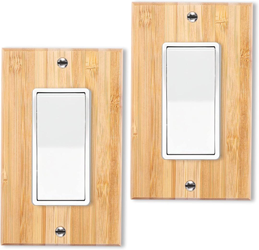 2PC Solid Wood Single Rocker Light Switch Plate 4.5" X 2.76" Bamboo Light Switch Cover Quality Raw Wooden Decorative Bedroom Kitchen Home Decor (Single Rocker)