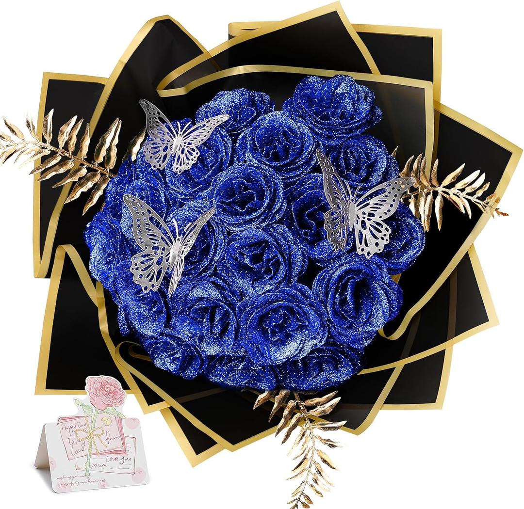 Glitter Roses - Royal Blue Glitter Rose Bouquet Shiny Everlasting Artificial Flowers for DIY Crafts Gifts Birthday Graduation Engagement Valentines Anniversary, 24 Roses