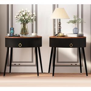 OIOG Side Tables Set of 2, Round Nightstand with Drawer, Modern Bedside End Tables for Small Space, Living Room, Bedroom, Office, Dorm, Rustic Brown and Black