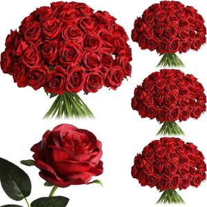 Nubry 50pcs Artificial Burgundy Roses Bulk, Fake Red Roses Flower with Stems Realistic Flowers for Wedding Centerpiece Home Party Decor(Burgundy)