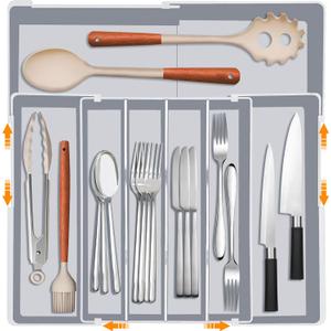 Homecor Silverware Drawer Organizer for Kitchen - Adjustable Utensil Holder Drawer Organizer, BPA Free Flatware and Cutlery Tray, Expandable Plastic Storage for Spoons Forks Knives, Grey