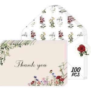 Thank You Cards with Envelopes, 100 Pack 4x6 Inch Vintage Flower Blank Notes, Elegant Floral Design, Thank You Cards for Birthday, Wedding, Anniversary