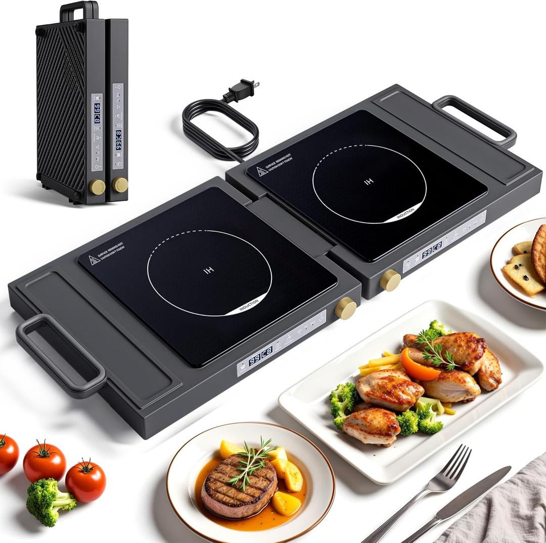 Double Induction Cooktop, 1800W Portable Dual Burner with 8 Power Levels, Sensor Touch Control & 99-Min Timer, Fold-n-Store Design for RV, Small Kitchen & Outdoor Cooking,gray