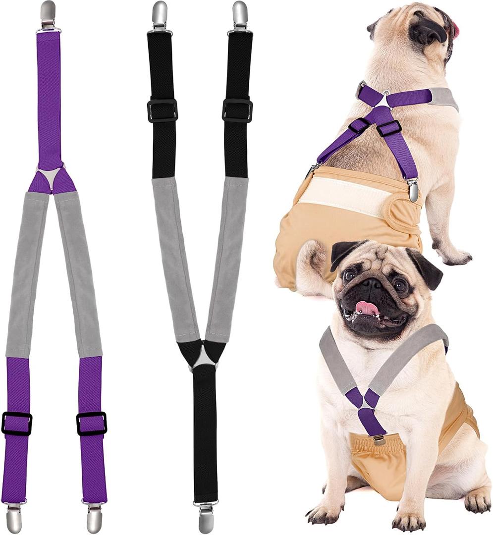 Saintrygo 2 Pcs Dog Suspenders for Diapers Female Male Belly Bands Canine Harness Keep Diaper on Your Pet for Small Medium and Large Dogs (Black,Purple,Medium)