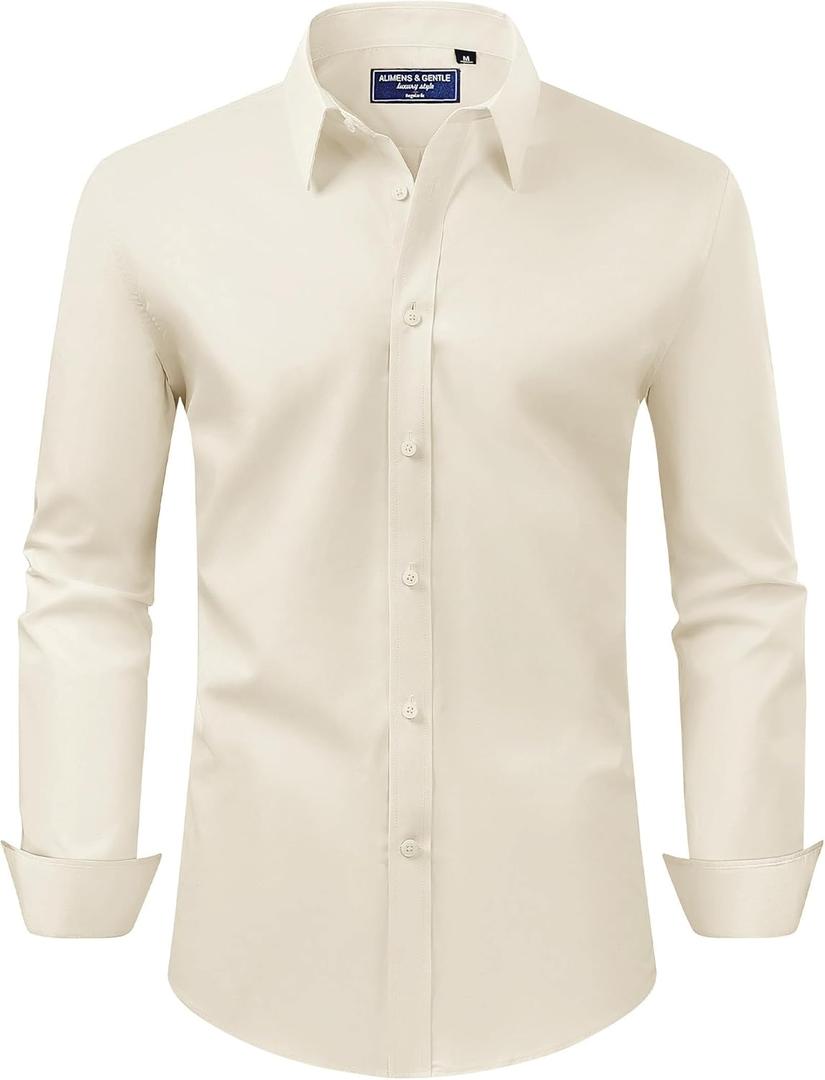 Alimens & Gentle Men's Dress Shirt Regular Fit Stretch Stain Shield Long Sleeve Solid Business Wedding Button Down Shirts, Beige, Large