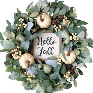 20inch Fall Pumpkin Wreath Harvest Green Leaf Hello Fall Sign Wreaths Front Door Back Door Hallway Decorative Wreath Thanksgiving Harvest Festival Celebration