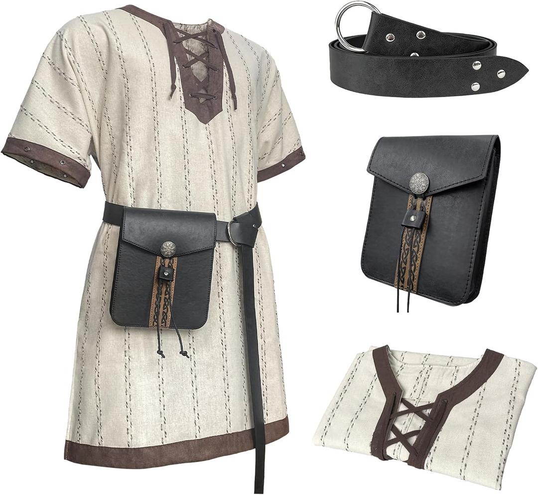 HiiFeuer Medieval Stripe Loose Tunic Top, With Vintage Belt and Bag, Renaissance Knight Lace Up Shirt, Viking Pirate Costume (Large)