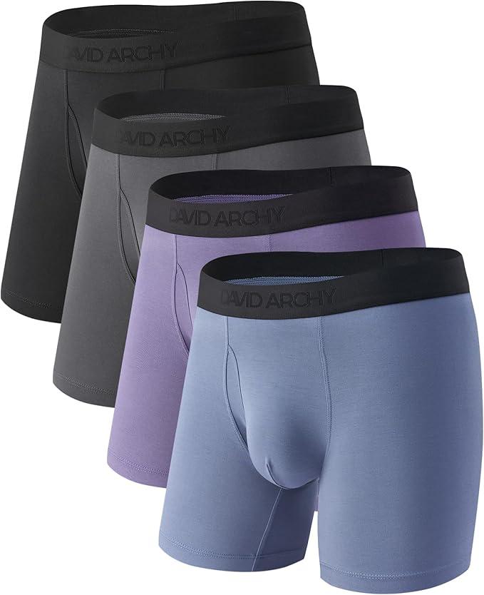 DAVID ARCHY Men's Bamboo Rayon Underwear, 1.5" Wide Waistband No Ride Up Boxer Briefs with Extended Pouch 4 Pack, Large