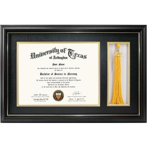 GraduationMall 11x17 Black Wood Diploma Frame with Tassel Holder for 8.5x11 Certificate Document,Real Glass,Black over Gold Mat