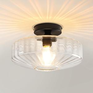 Fanousek Semi Flush Mount Ceiling Light, 11.8" Vintage Clear Glass Ceiling Lights, 1-Light Mid Century Modern Drum Close to Ceiling Light Fixtures for Bedroom Kitchen Entryway Hallway Porch Foyer