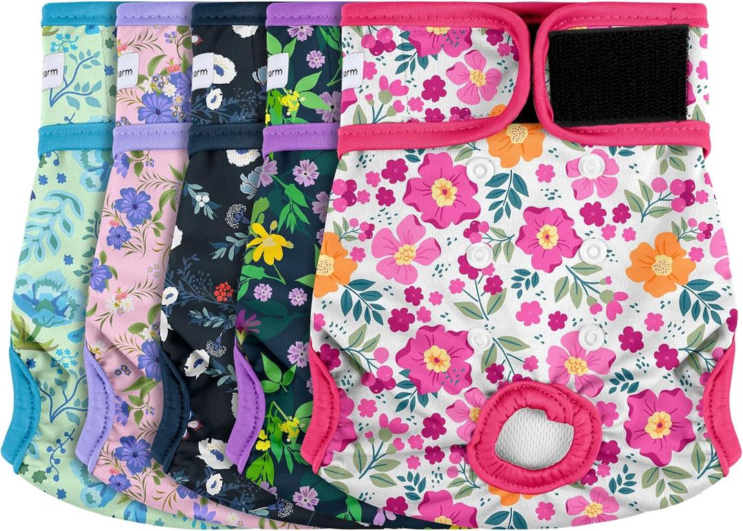5 Pack Reusable Diapers for Doggie, Highly Absorbent Dog Diapers Female for Pet with Incontinence or Frequent Urination, Medium Dog Diapers Female, Flowers