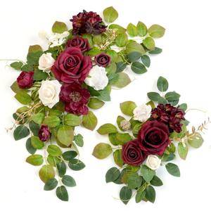 Wedding Decor (Pack of 2) Welcome Sign Flower Backdrop Garland for Ceremony Reception Wall Easel Home Decoration Entryway Faux Outdoor Board Head Table Decor (Burgundy & White)