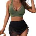 Blooming Jelly Womens Swim Skirt High Waisted Bikini Sets Tummy Control Swimsuits Mesh Sarong Wraps Bathing Suits (Medium, Green/Black)