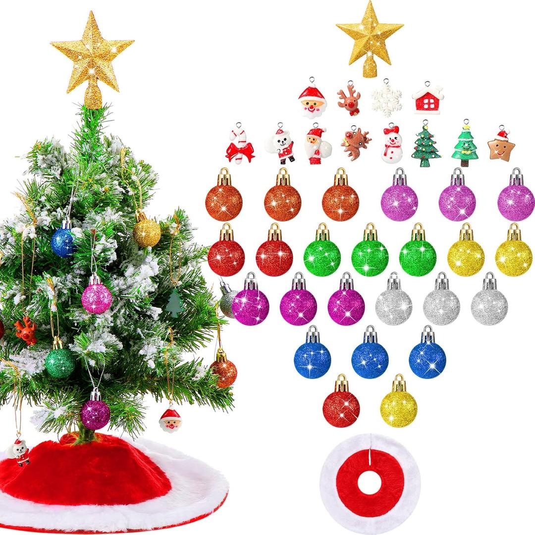 Skylety 38 Pieces Mini Christmas Tree Ornaments Set Small Multicolor Resin Glitter Ball Ornaments Miniature Tree Skirt Star Topper Decorations for Xmas Holiday Decor