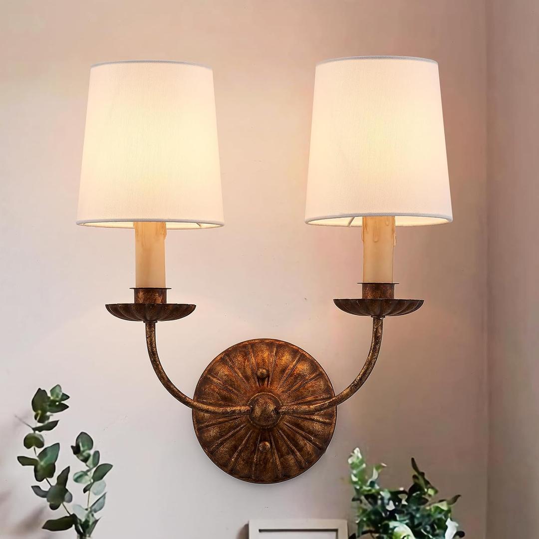 2-Lights Fabric Wall Sconces Antique Brushed Brass Wall Lights with Melted Candle Classic Mid Century Wall Lamp for Hallway Vanity Bedside Doorway, UL Listed