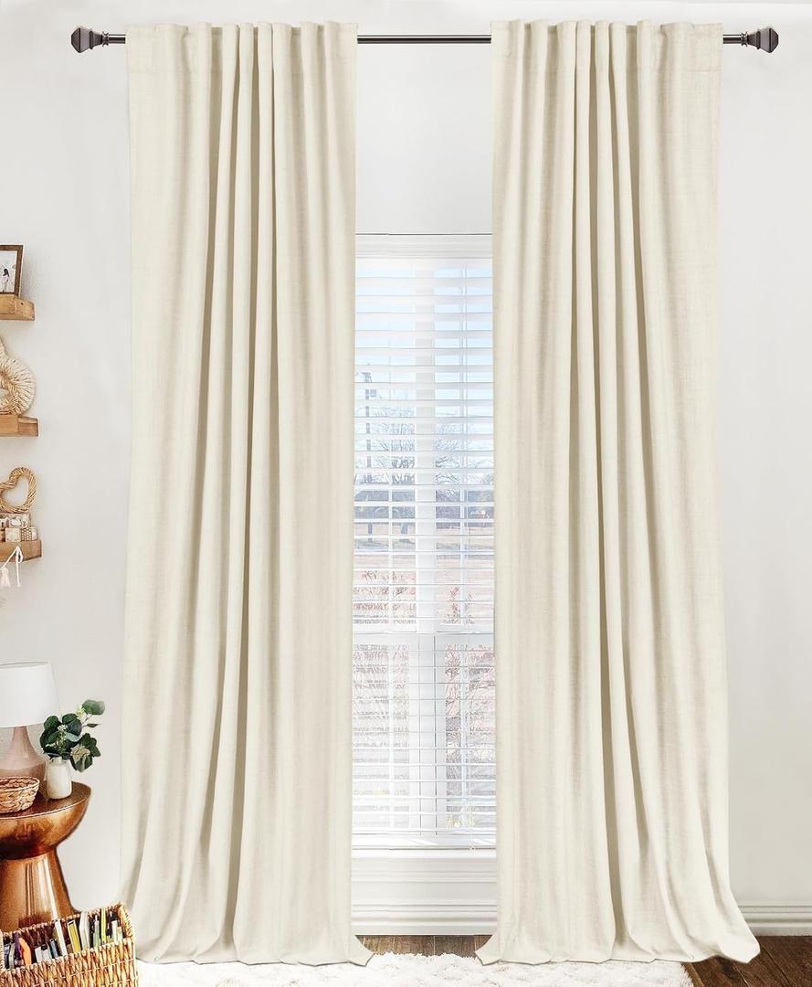 100% Blackout Shield Linen Blackout Curtains for Bedroom 120 Inches Long, Back Tab/Rod Pocket Living Room Drapes, Thermal Insulated Blackout Curtains 2 Panels Set, 50" W x 120" L, Light Cream