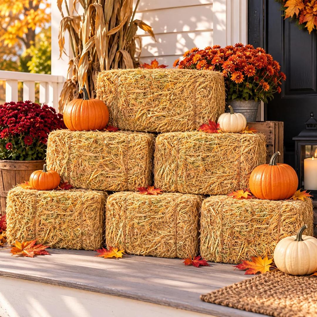 CroBlissful 6 Pack Natural Straw Hay Bales, 13 x 5 x 6 Inches