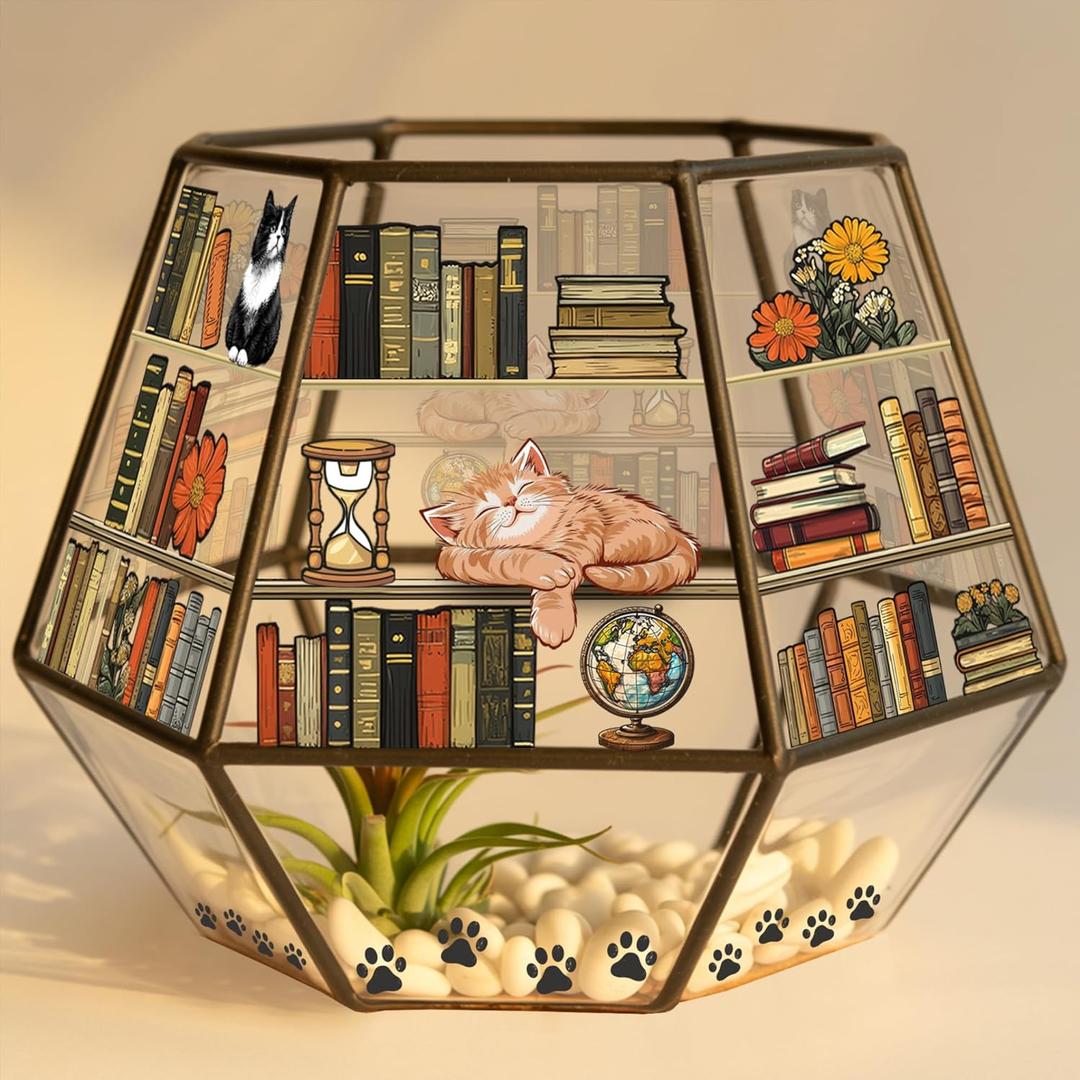 Glass Cat Book Planter Pot Light-Transmitting with Drainage Holes and Saucer - Plant Lover Gifts for Women, Men Gifts for Book Lovers Cat Planters for Indoor Plants Living Room Garden/Patio Decor